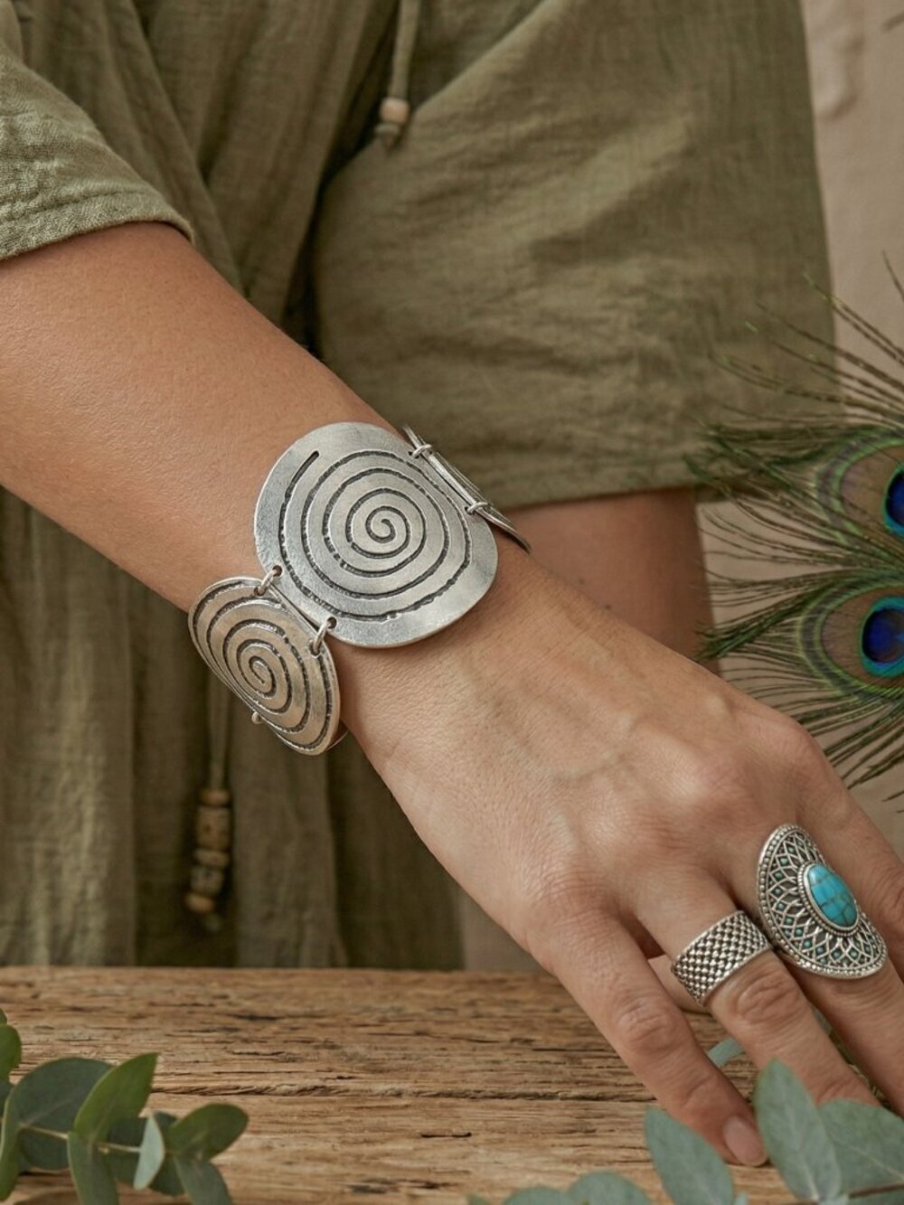Turkish Antique Silver Plated Zamak Triple Spiral Medallion Bohemian Bracelet 8"